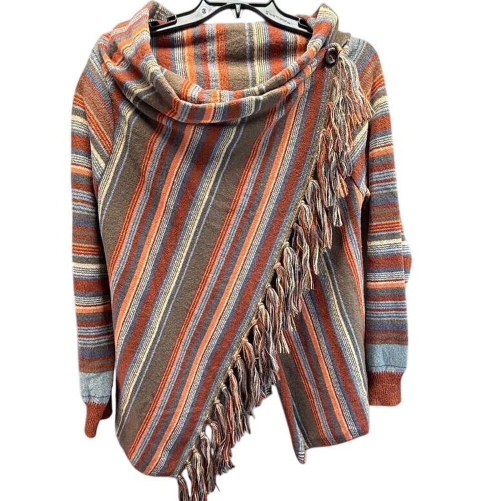 Striped‎ Asymmetrical Fringe Wrap Sweater Cowl Neck Earth Tone Boho Medium